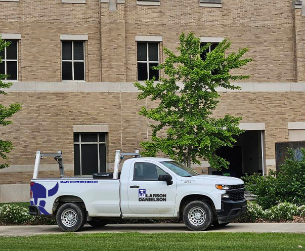 Larson-Danielson truck in front of a general contracting project in South Bend, Indiana