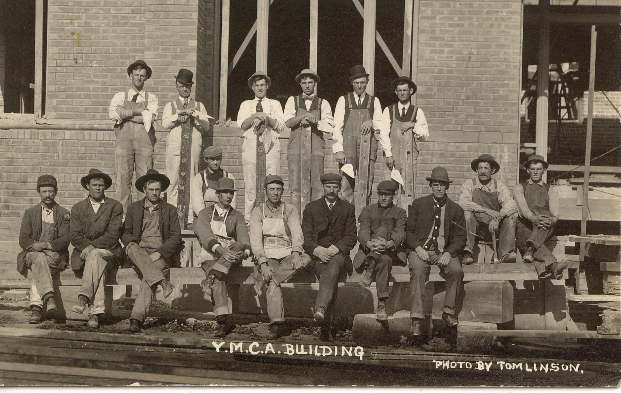 History - 1908 - Team at YMCA site construction workers at a YMCA site in 1908