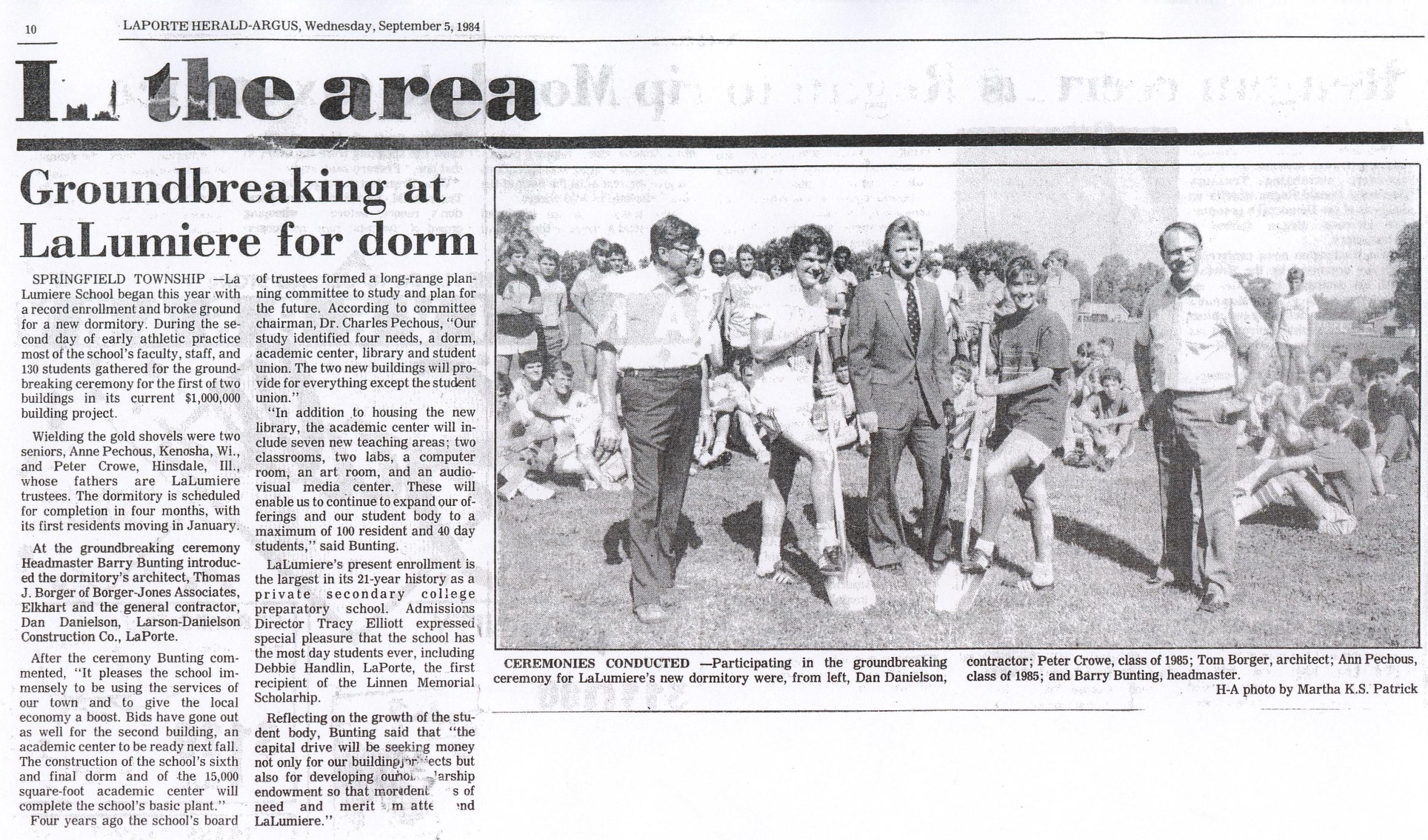 History - 1984 - La Lumiere groundbreaking Newspaper clipping from the 1984 groundbreaking ceremony of the La Lumiere Dormitory