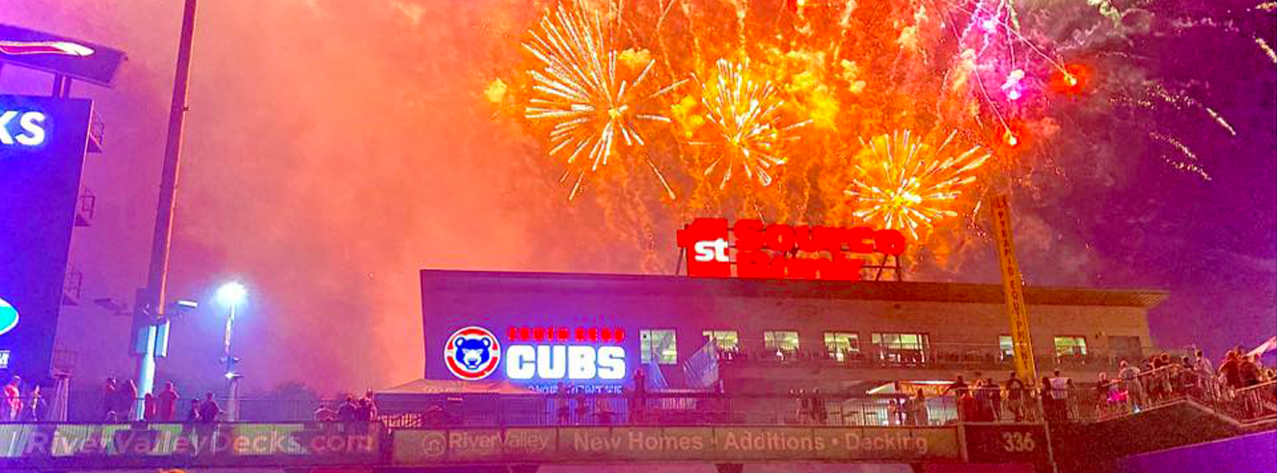 Fireworks burst over the 1st Source Bank center during Friends & Family Night at the South Bend Cubs Game on July 18, 2025