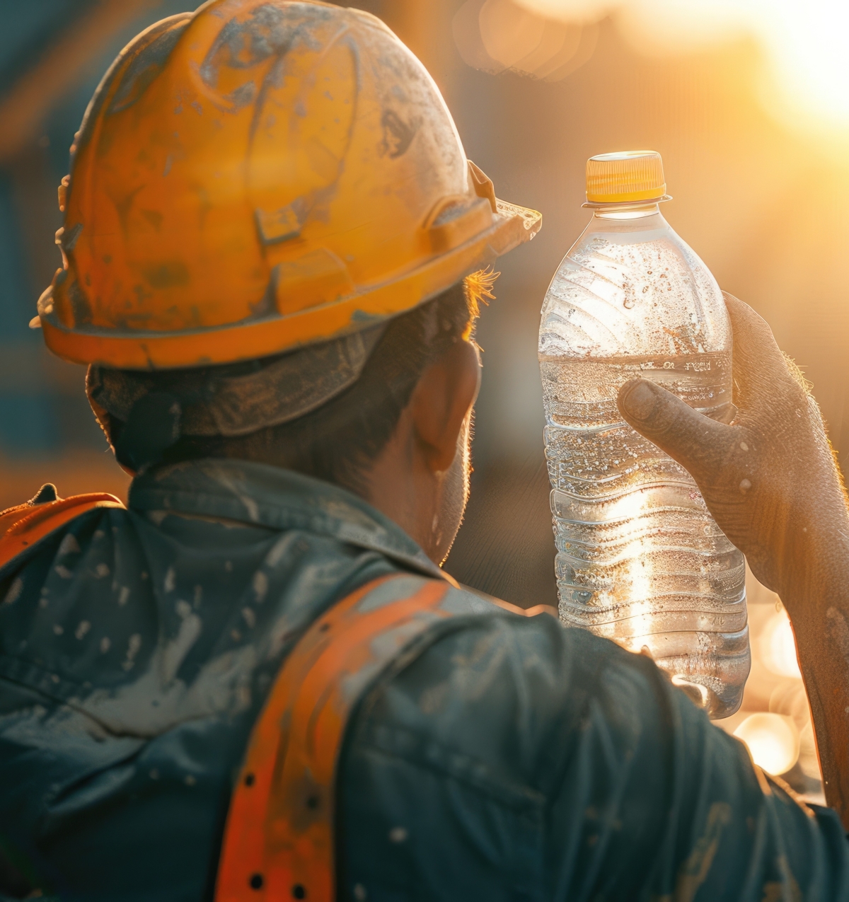 construction worker with  full water bottle