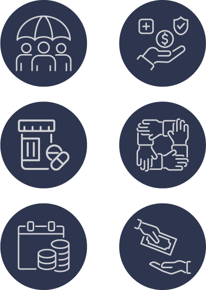 career benefits icons various icons depicting benefits of a career including health and prescription coverage, paid holidays, and profit sharing