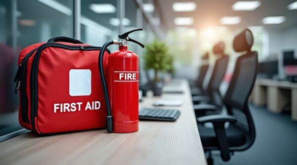 office safety first aid kit and fire extinguisher in an office setting