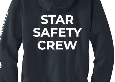 A hooded sweatshirt bearing the words "Star Safety Crew"