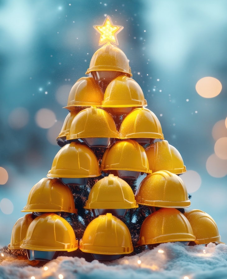 christmas tree made of yellow hardhats topped with a shining star