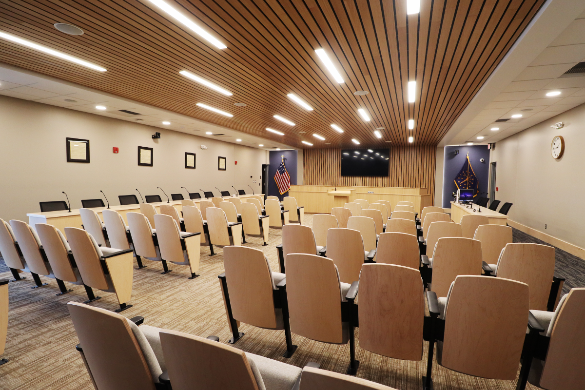 Chesterton Town Hall Council Chambers featuring a custom wood-plank ceiling and expanded seating area