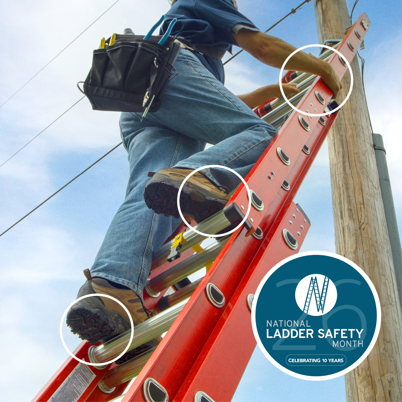A worker demonstration maintaining three points of contact on a ladder